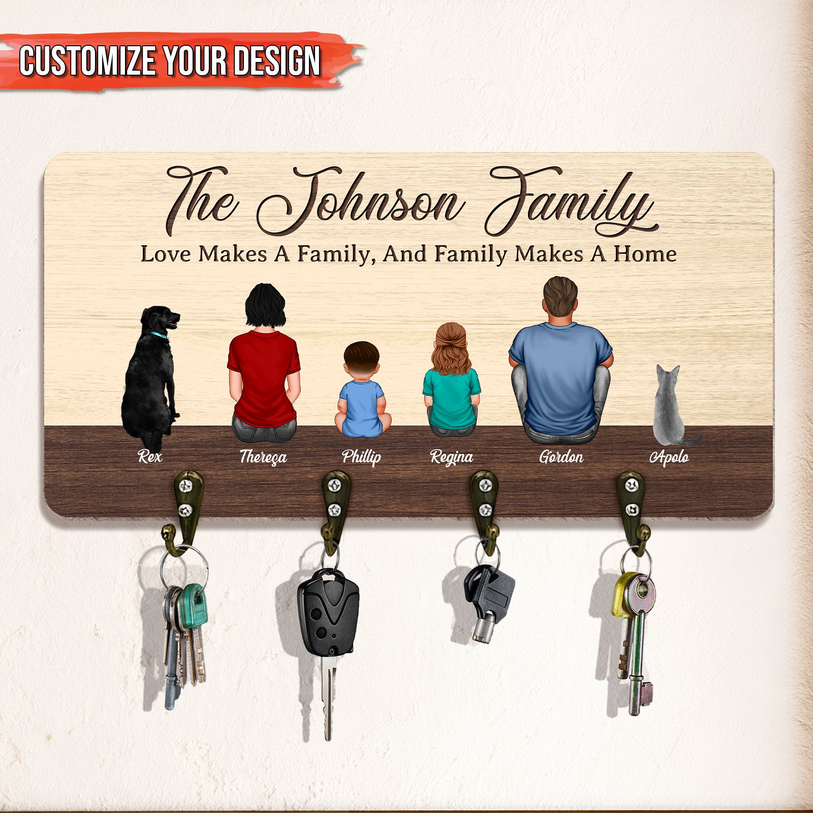 Personalized wooden key hanger featuring a family design with hooks for easy organization