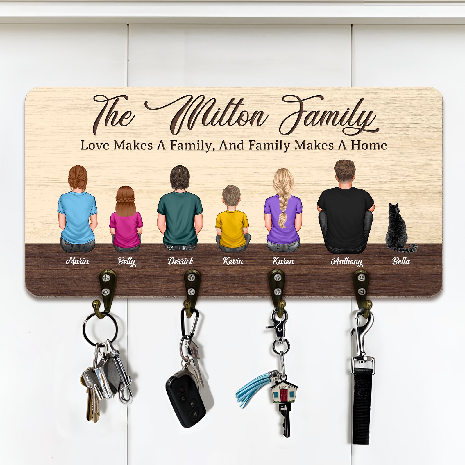 Personalized wooden key hanger featuring a family design with six hooks for keys and accessories
