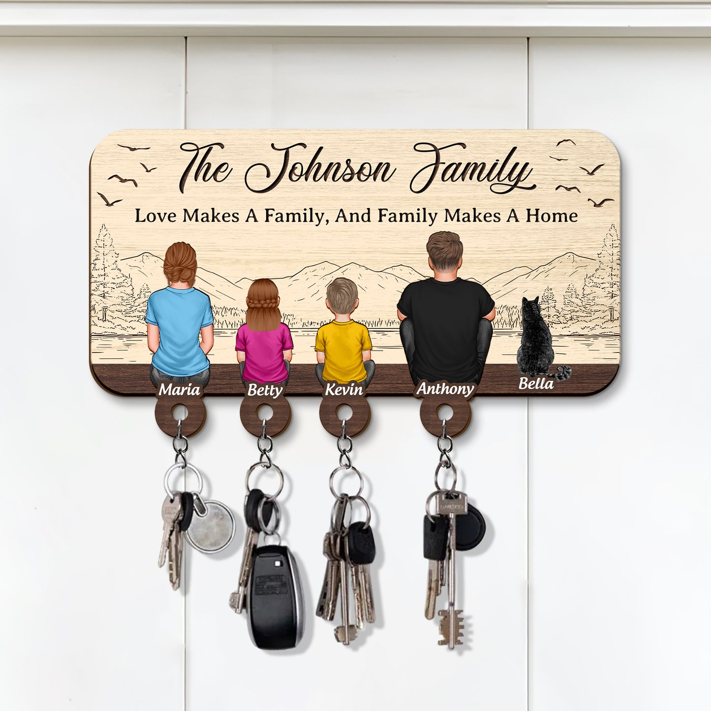Personalized wooden key holder featuring family members and hooks for keys by 365Gifty