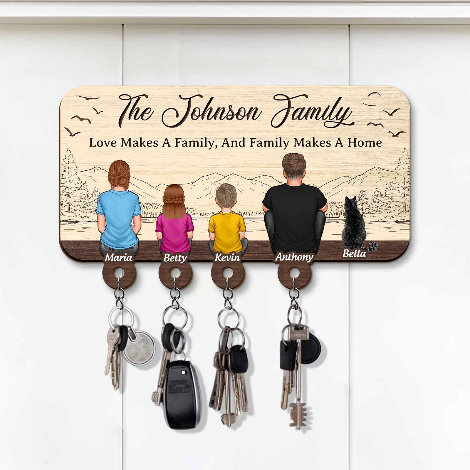 Personalized wooden key holder featuring family members and hooks for keys by 365Gifty