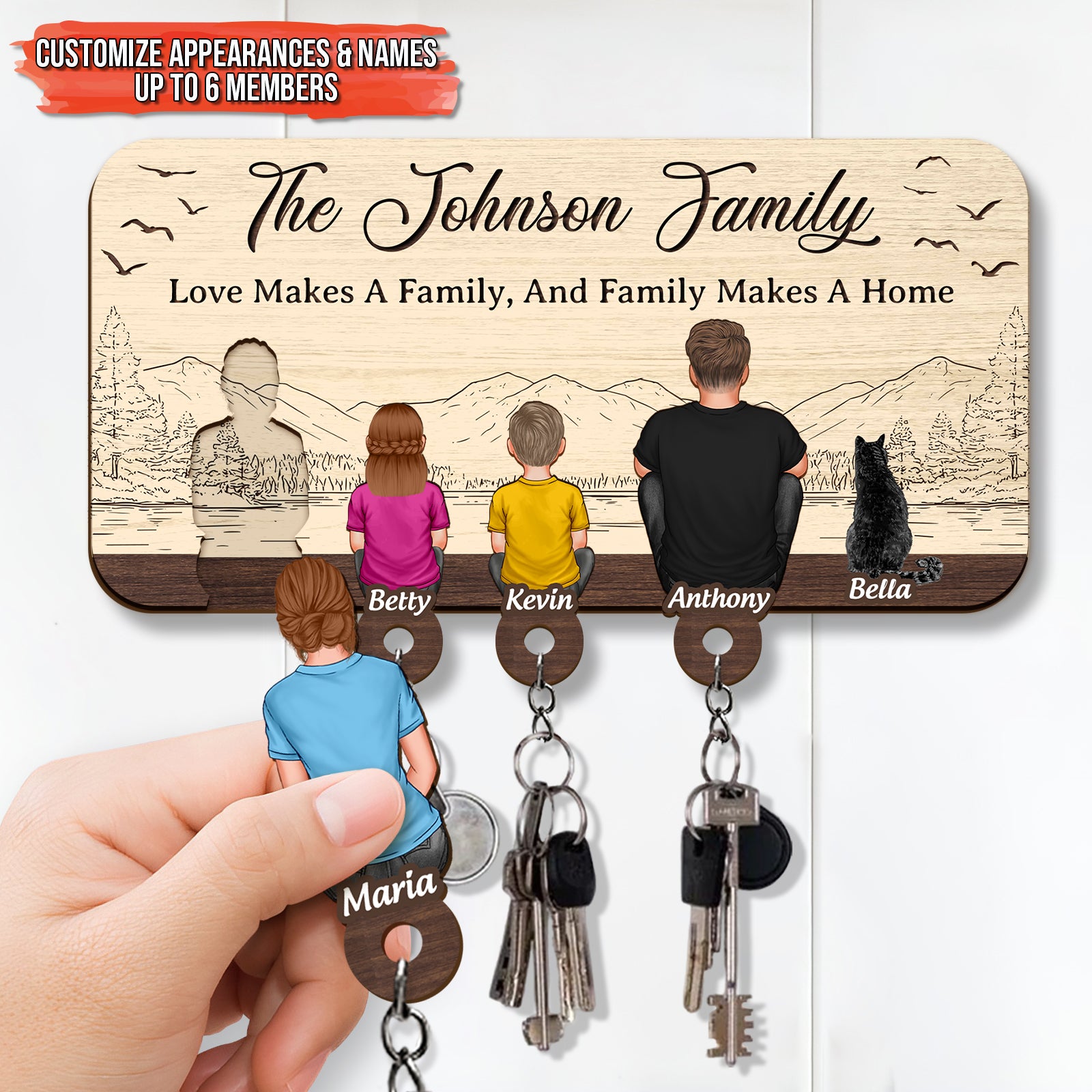 Personalized wooden key holder featuring the Johnson family design and key hooks for organization