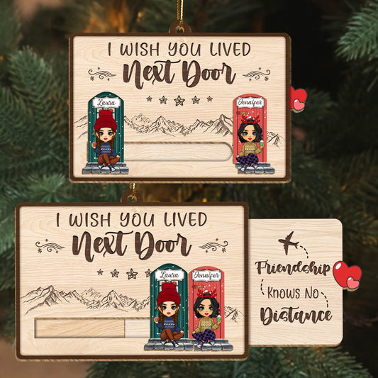 Personalized wooden slider card ornament featuring two characters with the text I Wish You Lived Next Door