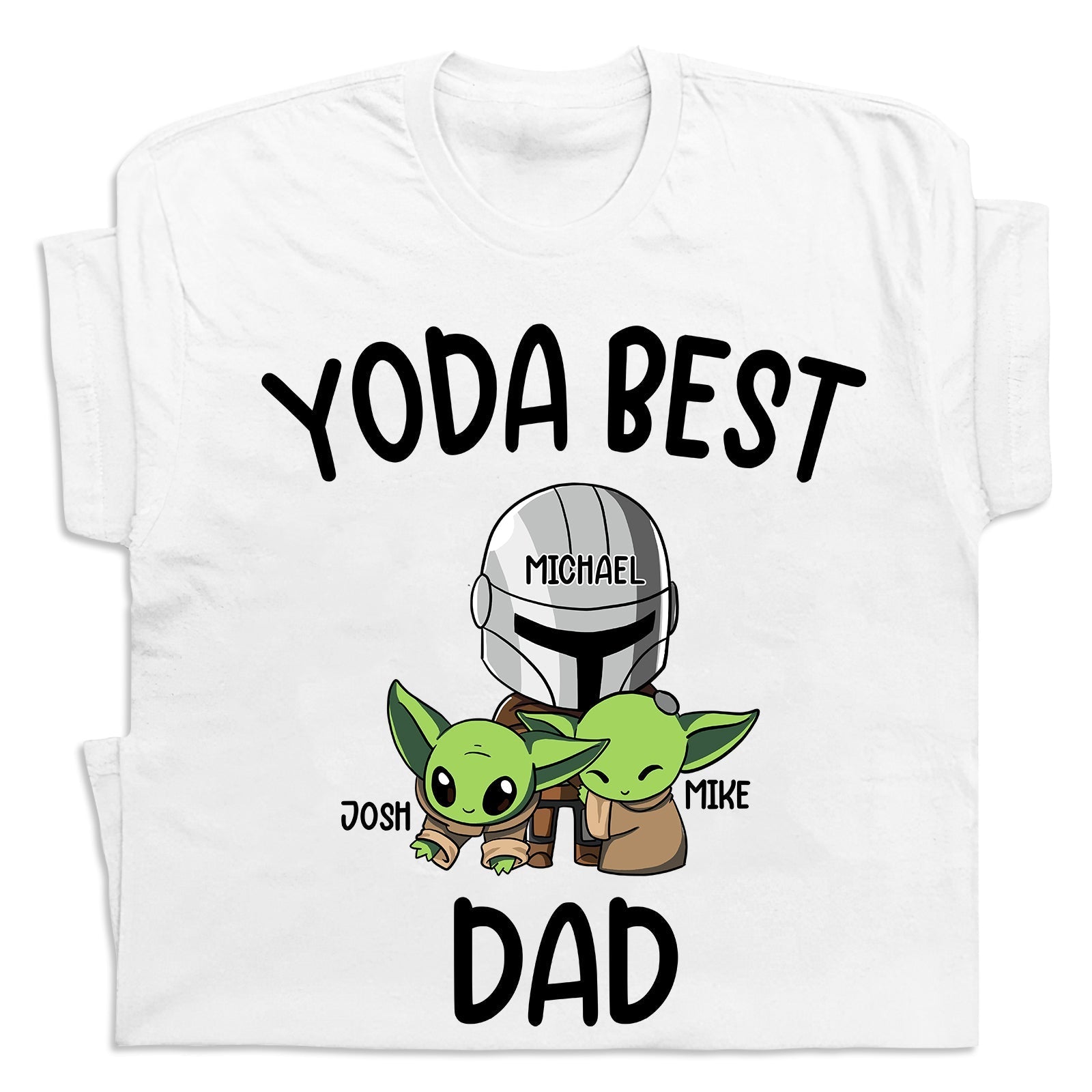 White personalized Yoda dad shirt with Yoda best dad design and custom names Michael Josh Mike