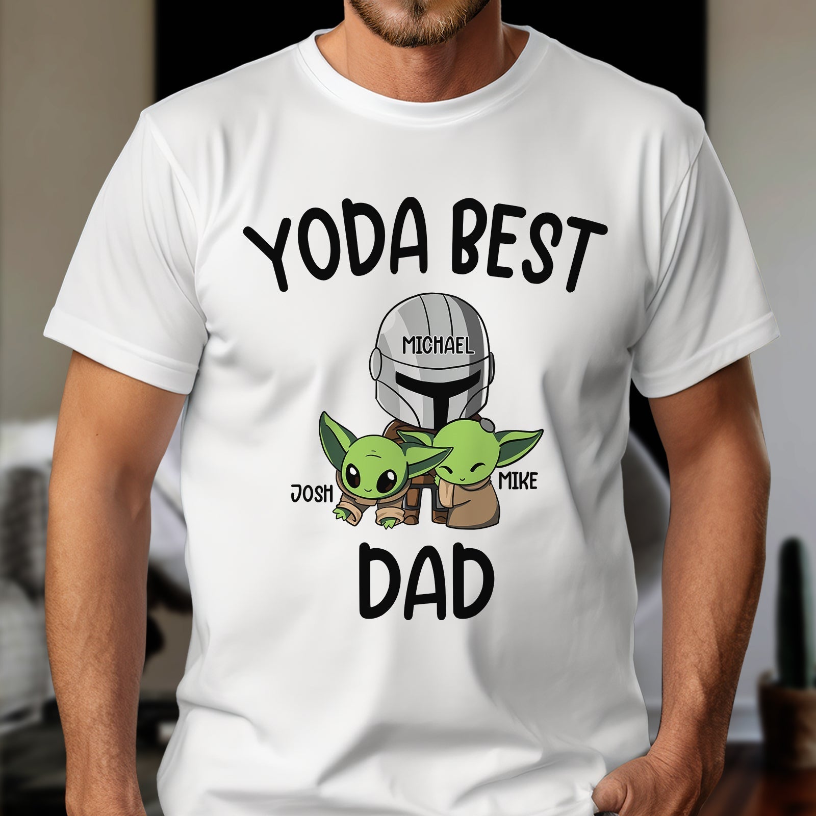 White personalized Yoda dad shirt with cartoon characters and custom names printed on front