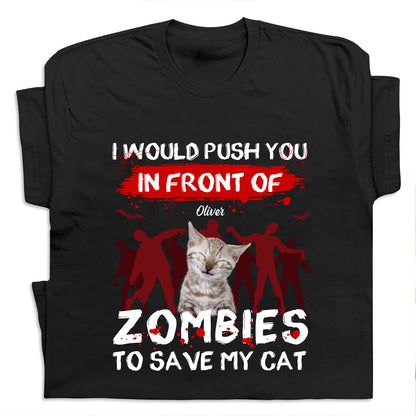 365Gifty personalized zombie pet shirt with cat graphic and zombie silhouettes in black