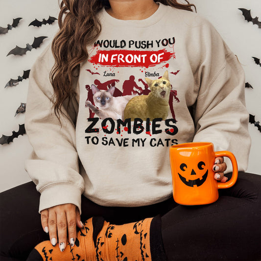 Personalized zombie pet shirt with cat names Luna and Simba Halloween design on beige sweatshirt