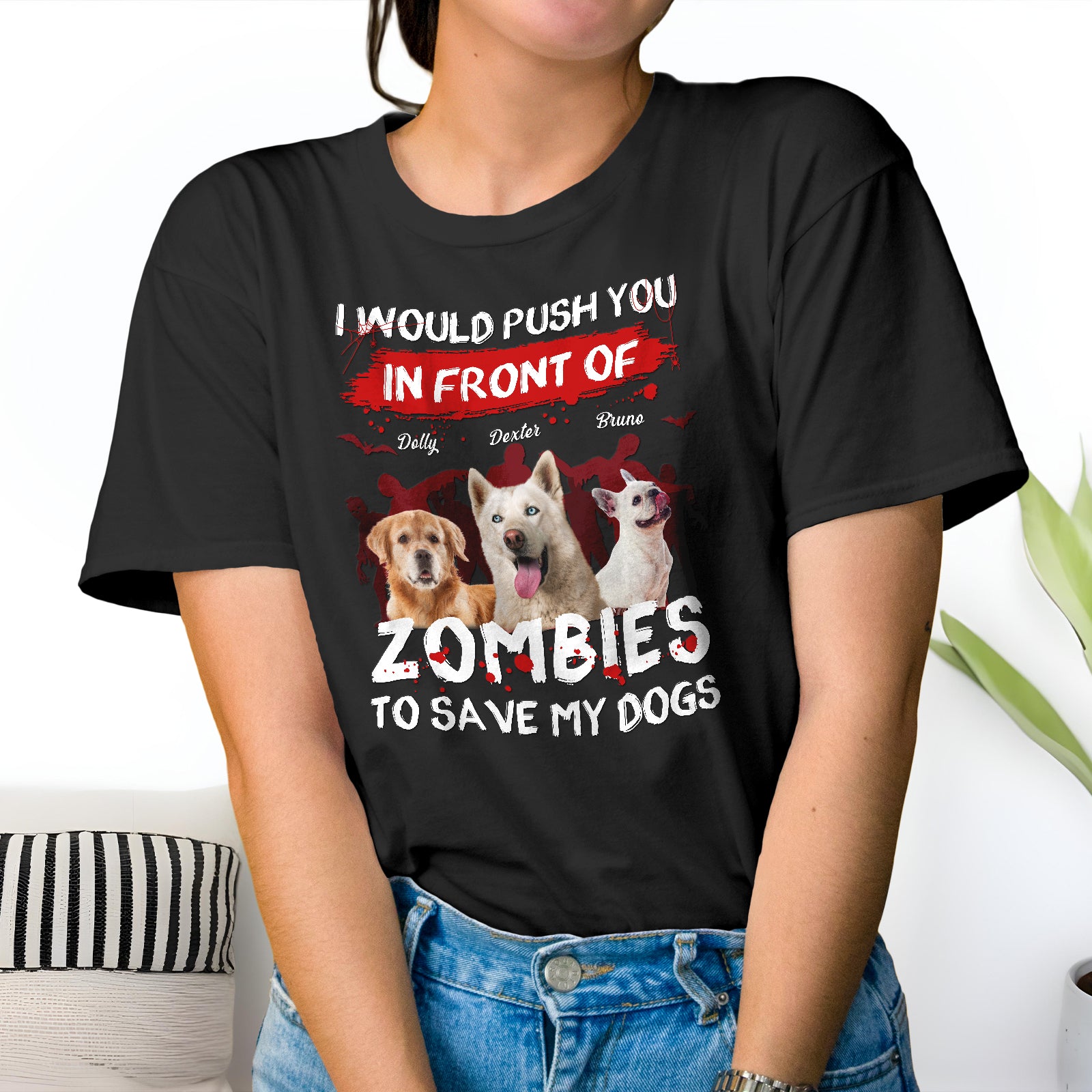 Black personalized zombie pet shirt with dogs graphic and text to save my dogs