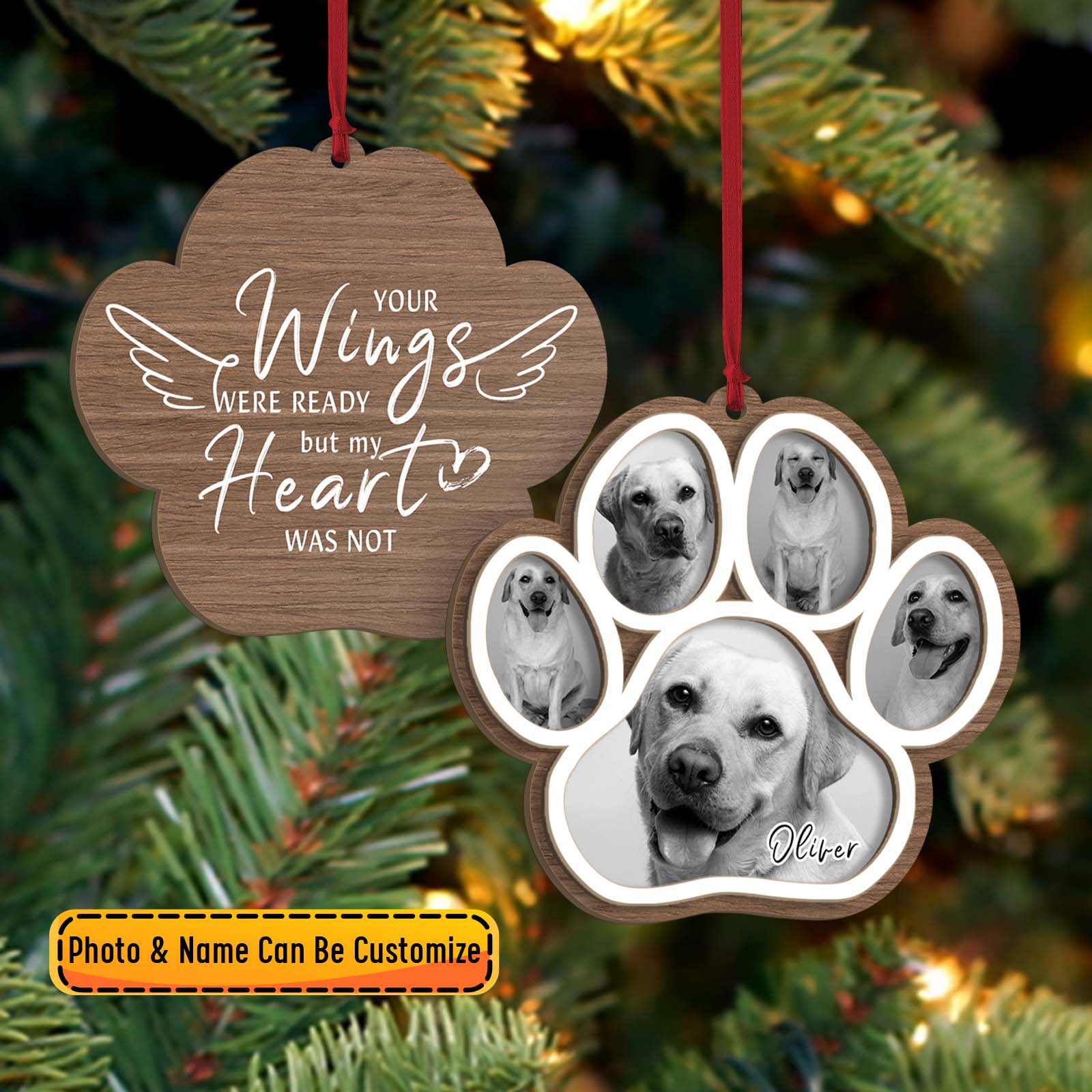 365Gifty personalized dog memorial ornament wood paw photo collage with custom name hanging on Christmas tree