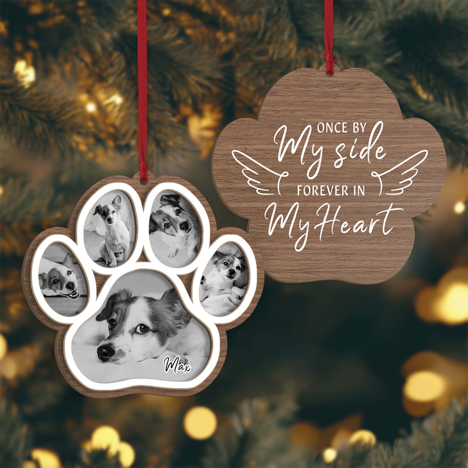 365Gifty personalized dog memorial ornament paw shaped double sided wooden photo keepsake hanging on Christmas tree