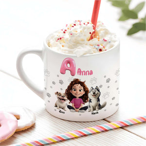 White ceramic personalized pet lover mug showing cartoon girl Anna with two dogs paw prints whipped cream drink