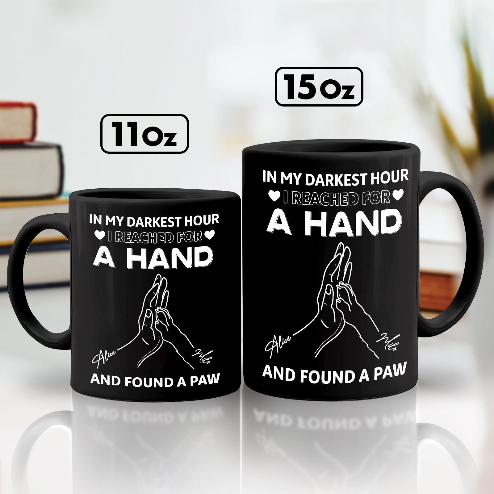 365Gifty personalized pet lover mug black 11oz and 15oz set with white hand and paw graphic and comforting quote