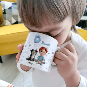 Child drinking from 365Gifty personalized pet lover mug featuring cartoon boy and dog with name David