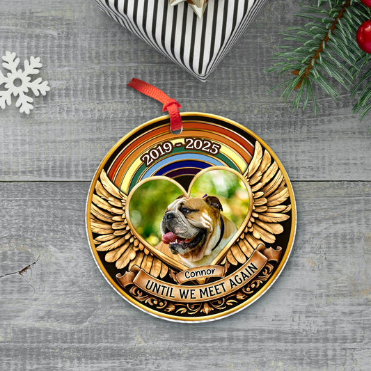 Round personalized pet memorial ornament with heart photo of bulldog Connor, golden wings, dates 2019 2025