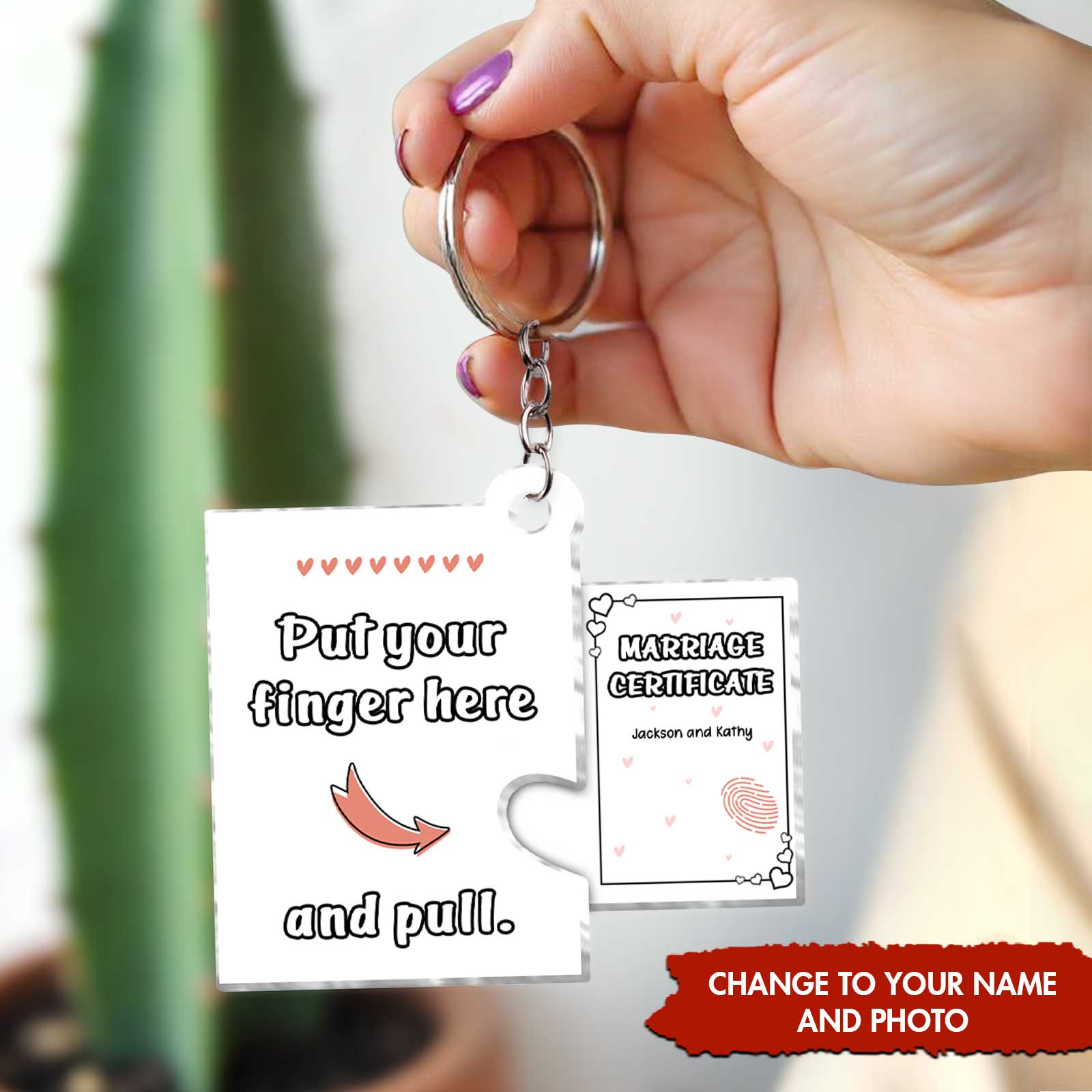 Customizable photo acrylic slider card keychain with sliding marriage certificate design