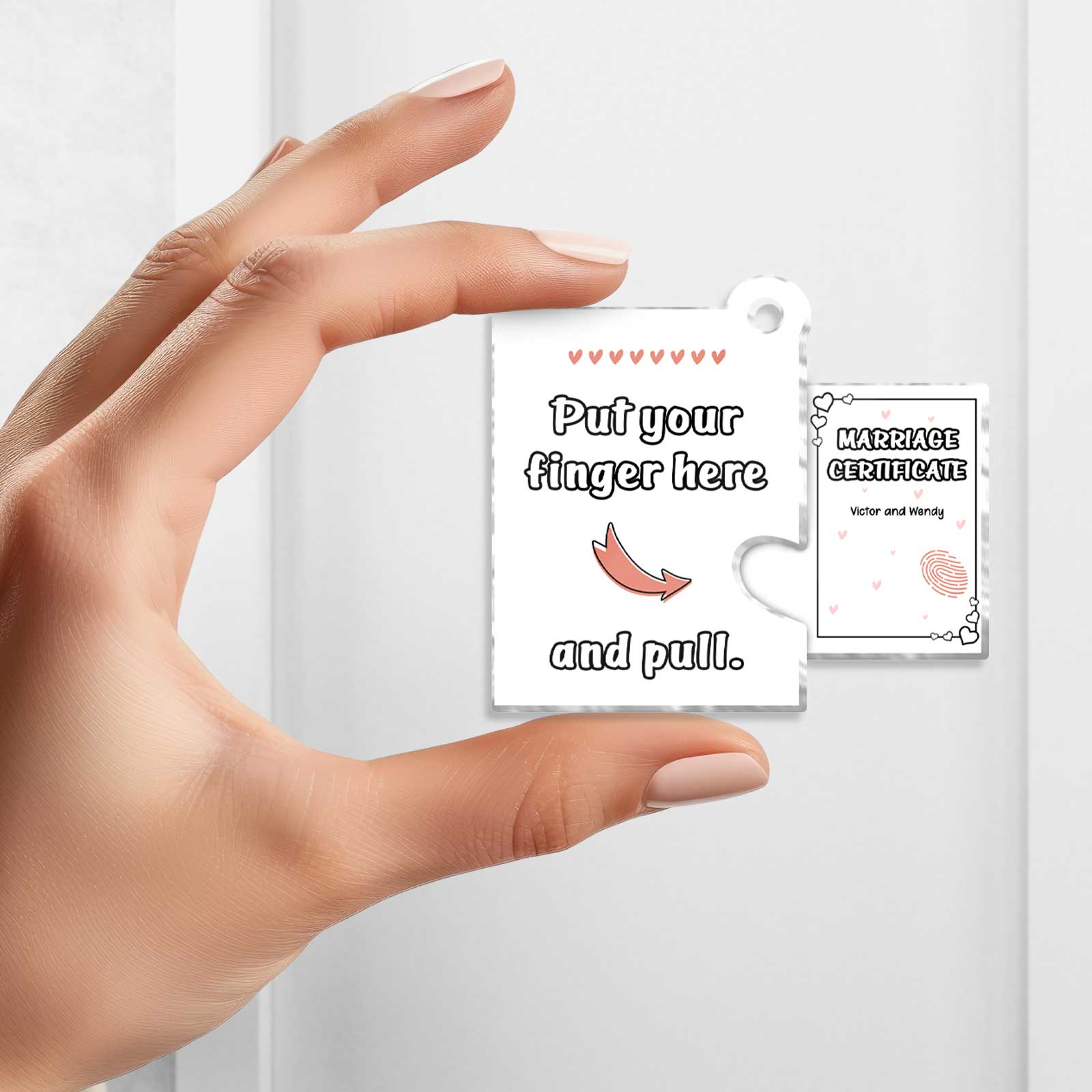 Photo acrylic slider card keychain with a pull tab for interactive fun and creativity