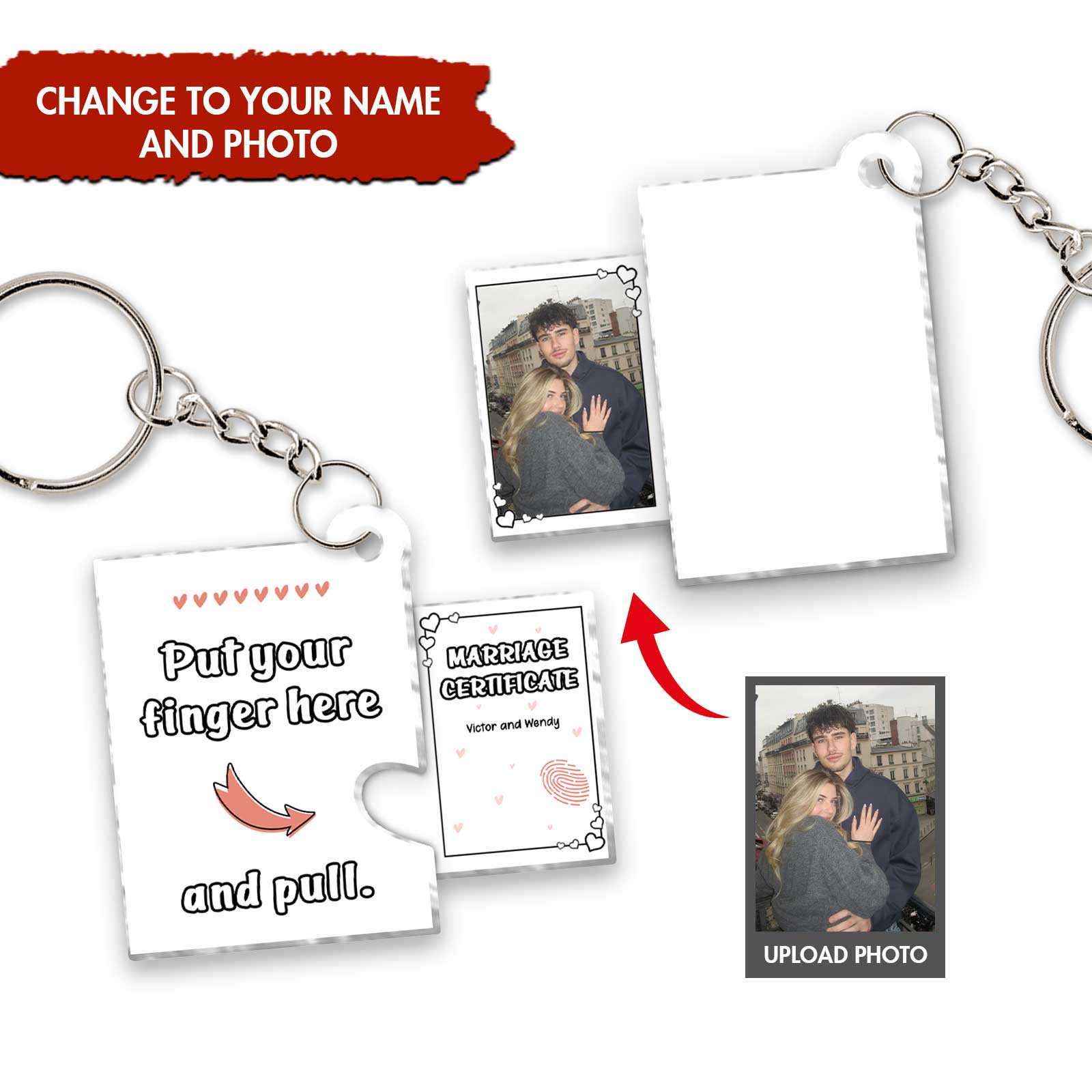 Customizable photo acrylic slider card keychain with space for personal photo and text
