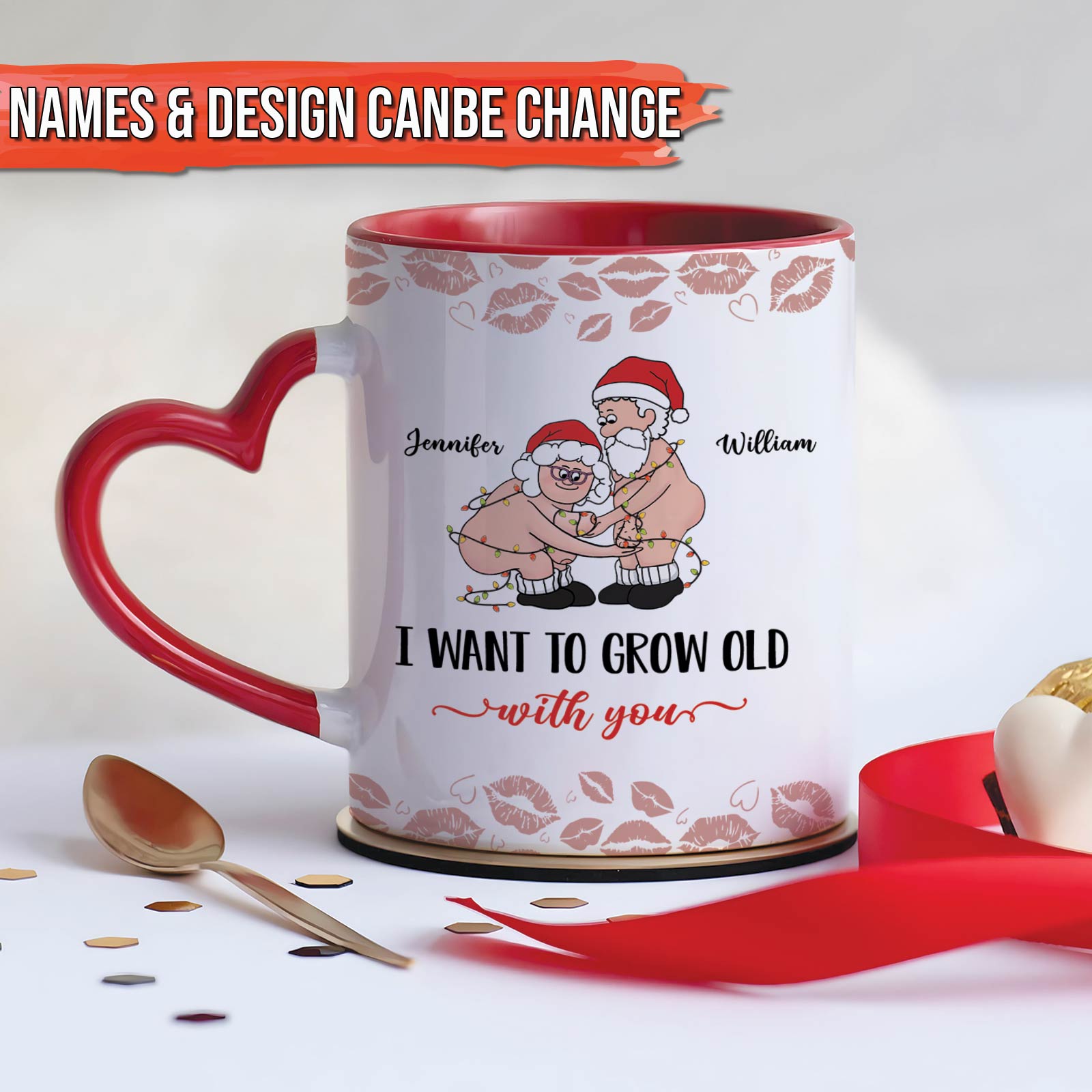 Personalized old couple mug with heart handle featuring cute cartoon elderly couple and names Jennifer and William