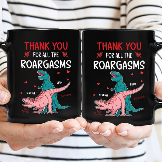 Black matching ceramic mugs with dinosaur Roargasms print and names Liam and Serena custom anniversary gifts for couples