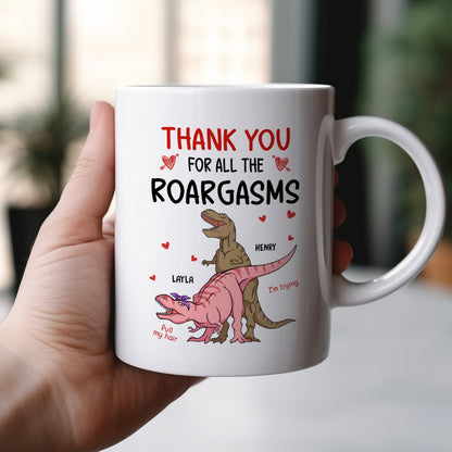 White mug with humorous dinosaur couple and Thank you for all the Roargasms text custom anniversary gifts for couples