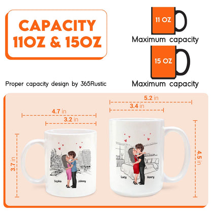 Cute coffee mugs featuring romantic illustrations, ideal as a romantic gift for boyfriend or girlfriend