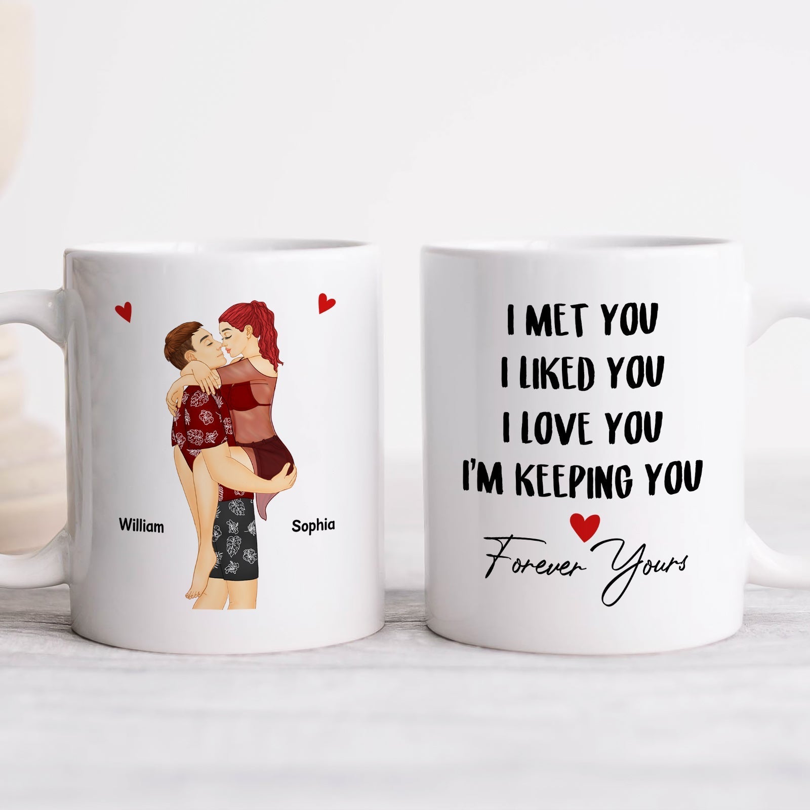 I met you I love you personalized gift mug featuring a couple illustration and romantic text