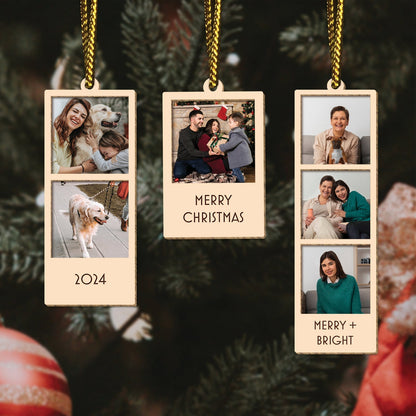 365Gifty personalized Christmas photo ornament with family photos and holiday greetings hanging on tree