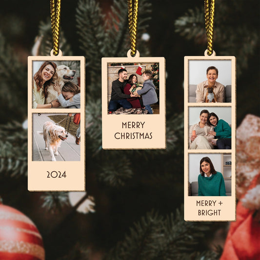 365Gifty personalized Christmas photo ornament with family photos and holiday greetings hanging on tree