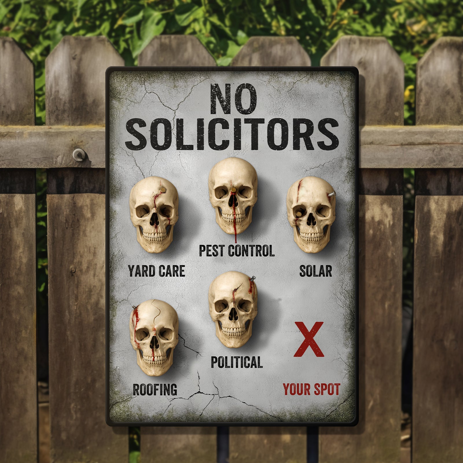 365Gifty personalized metal sign No Solicitors with skull icons mounted on wooden fence warning visitors