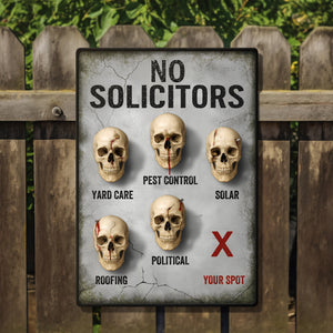 365Gifty personalized metal sign No Solicitors with skull icons mounted on wooden fence warning visitors