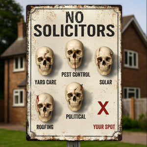 365Gifty personalized metal sign No Solicitors with skull icons labeled pest control roofing political solar yard care your spot