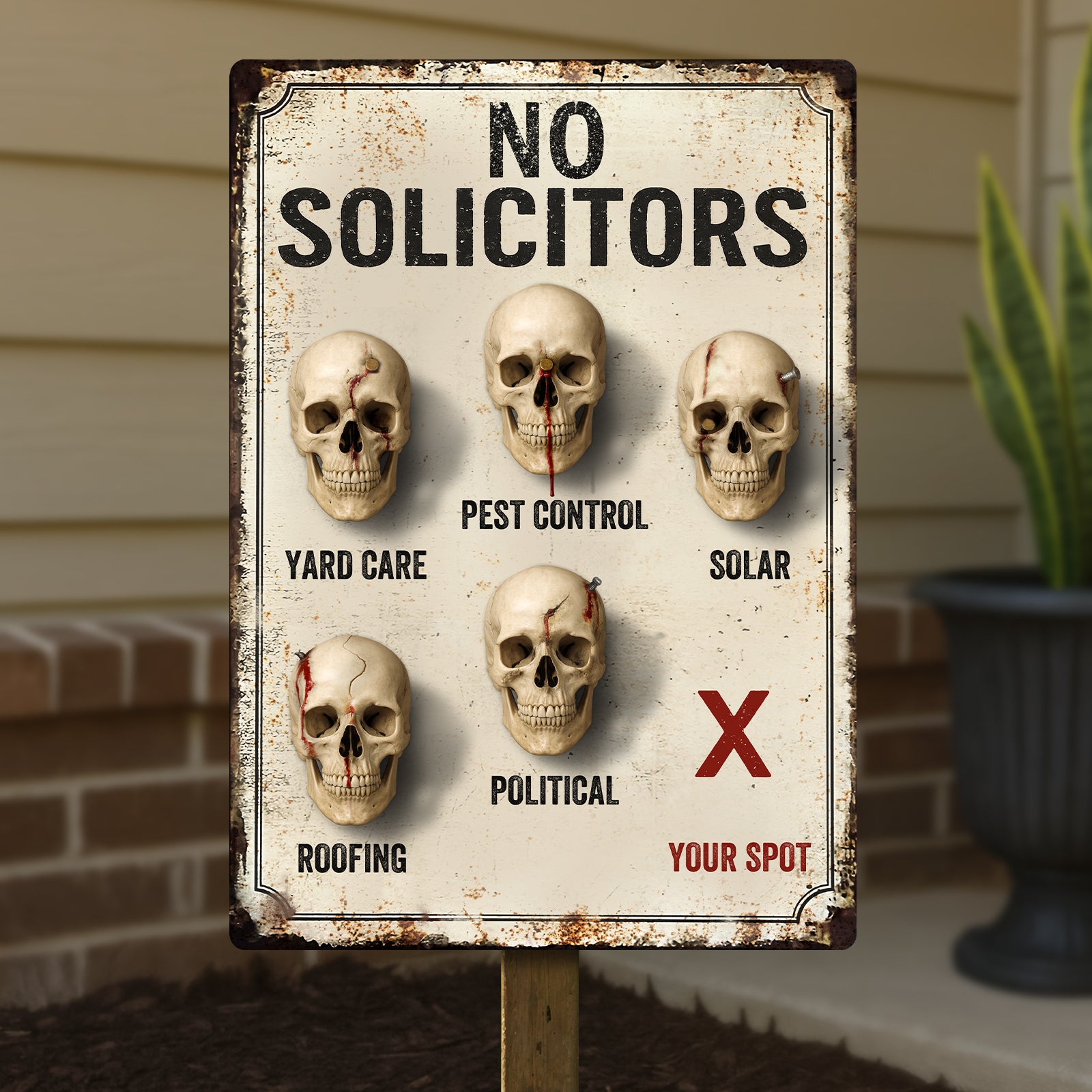 365Gifty No Solicitors personalized metal sign with vintage rust finish skull icons marking unwanted services