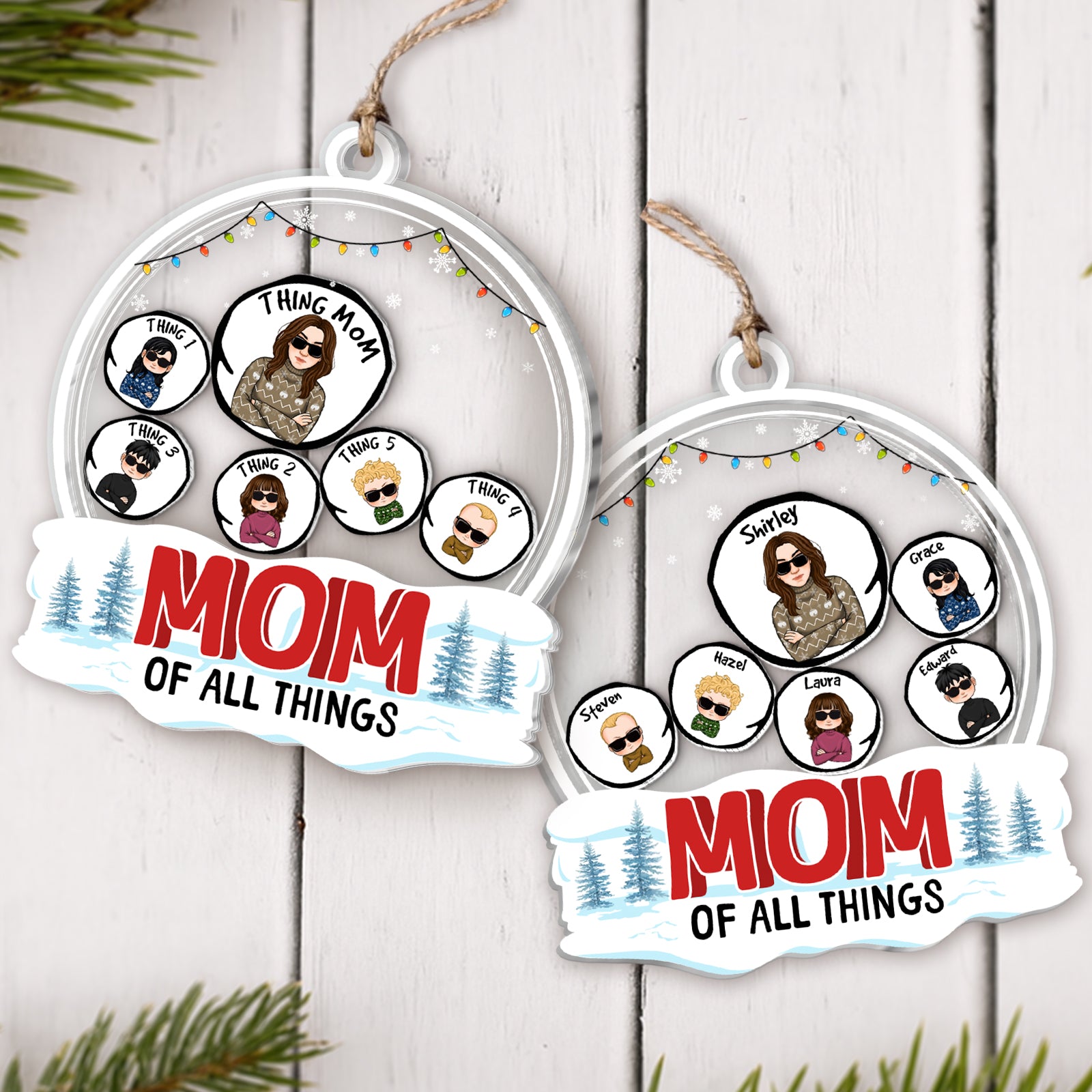 Personalized shaking Christmas ornament for mom with custom family cartoon characters and festive design