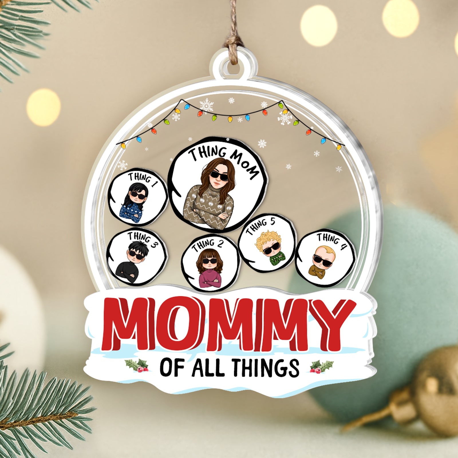 Shaking Christmas ornament for mom featuring fun illustrations and the phrase Mommy of All Things