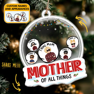 Personalized shaking Christmas ornament for mom featuring customizable names and fun characters