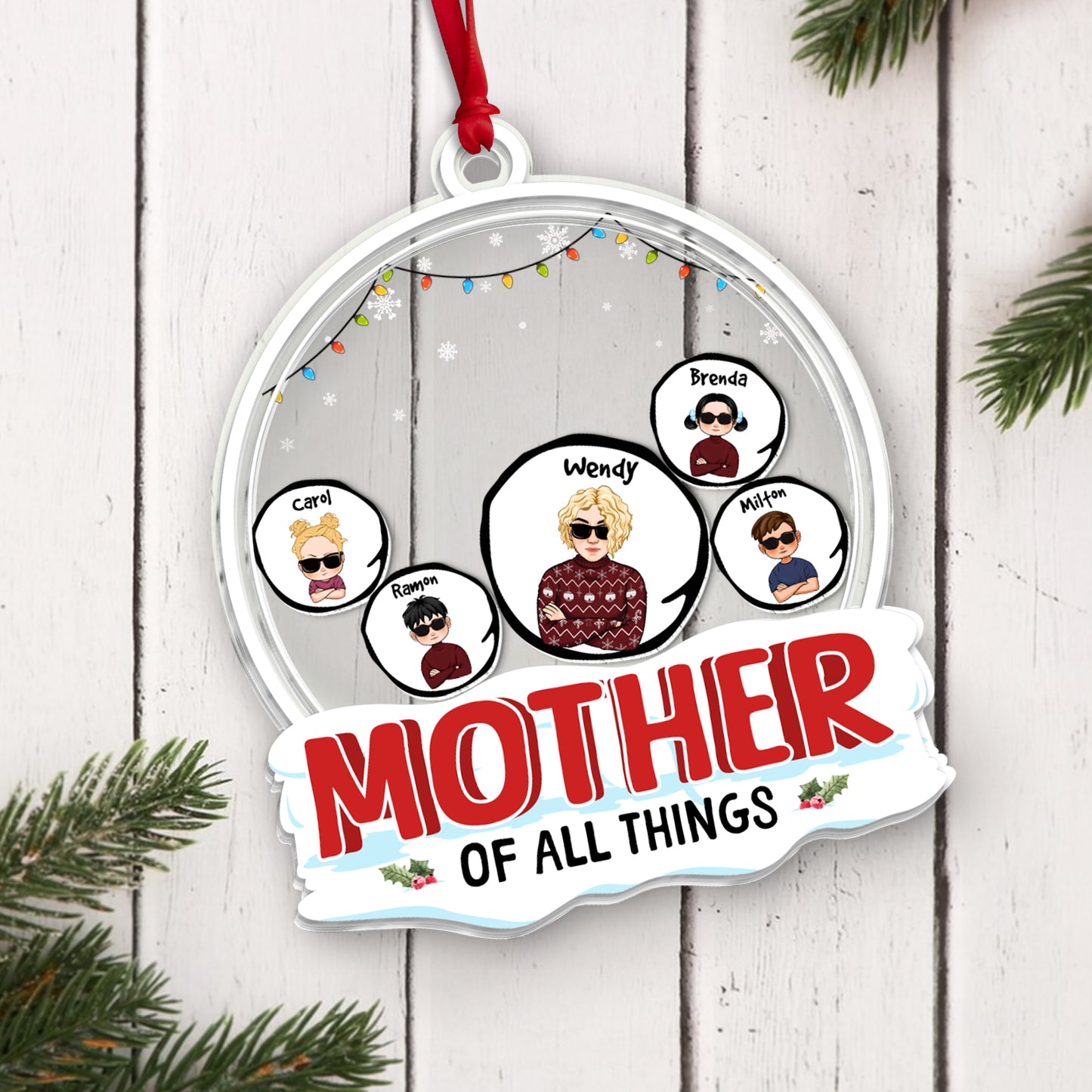 Unique shaking Christmas ornament for mom featuring playful illustrations and personalized names