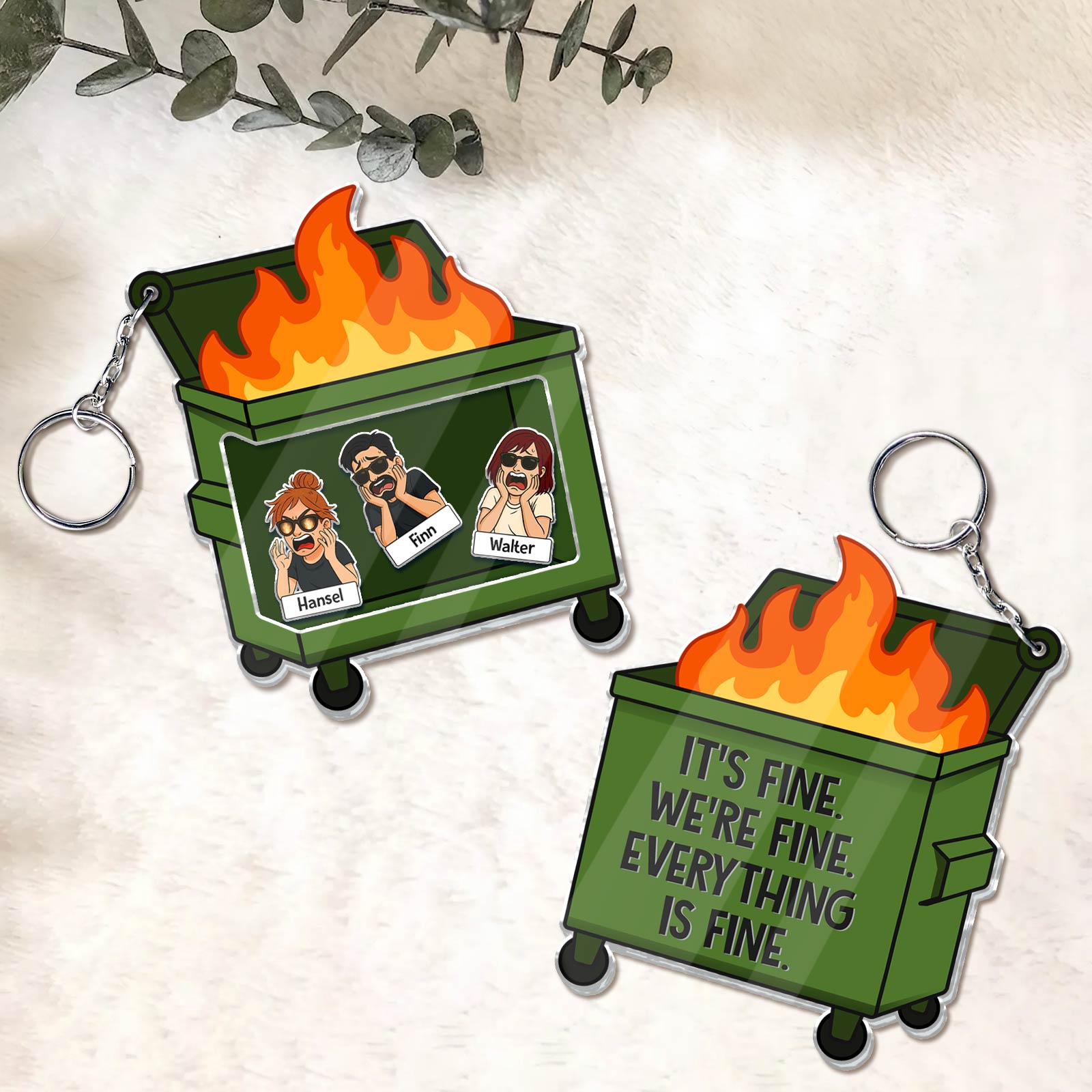 Shaking Keychain For Coworker with green dumpster fire design featuring cartoon characters and humorous text