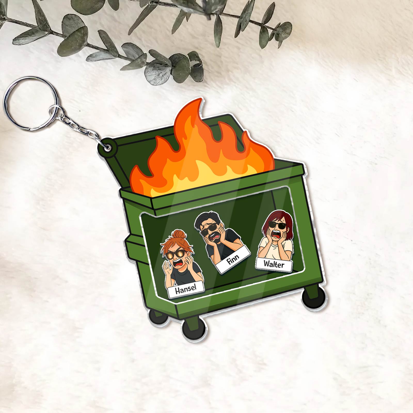 365Gifty Shaking Keychain For Coworker featuring a green dumpster fire with cartoon coworkers on phone