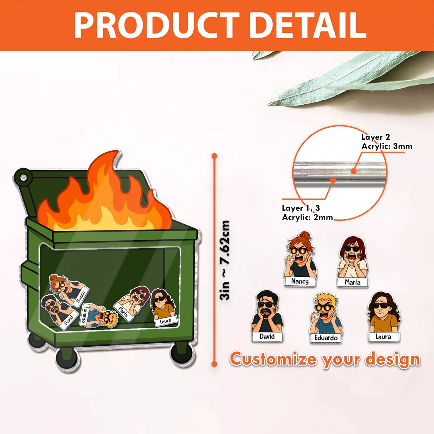Shaking Keychain For Coworker featuring customizable acrylic layers and cartoon coworker characters in a fire dumpster design