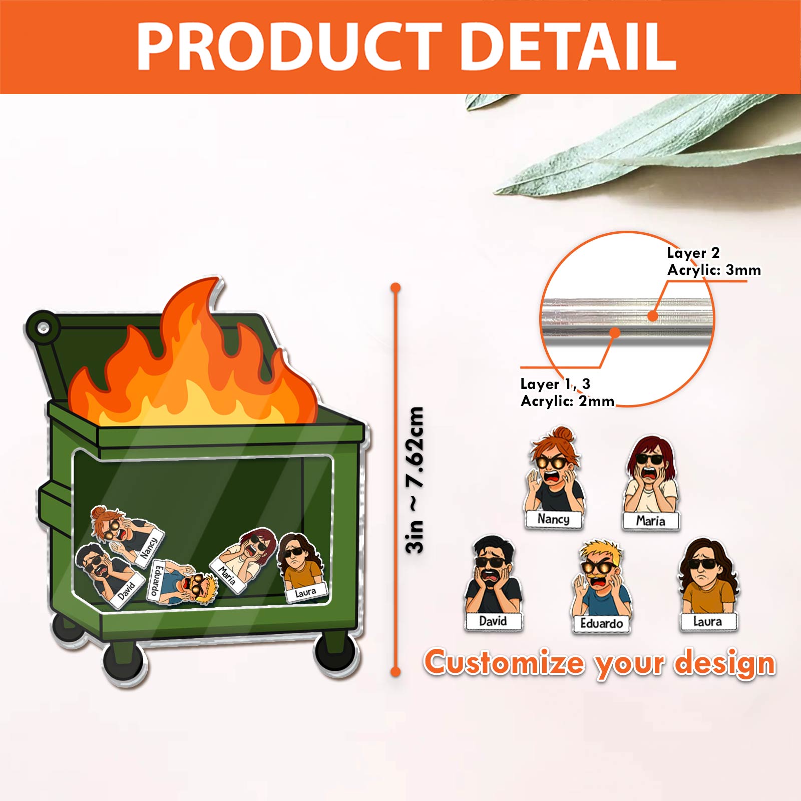 Shaking Keychain For Coworker featuring customizable acrylic layers and cartoon coworker characters in a fire dumpster design