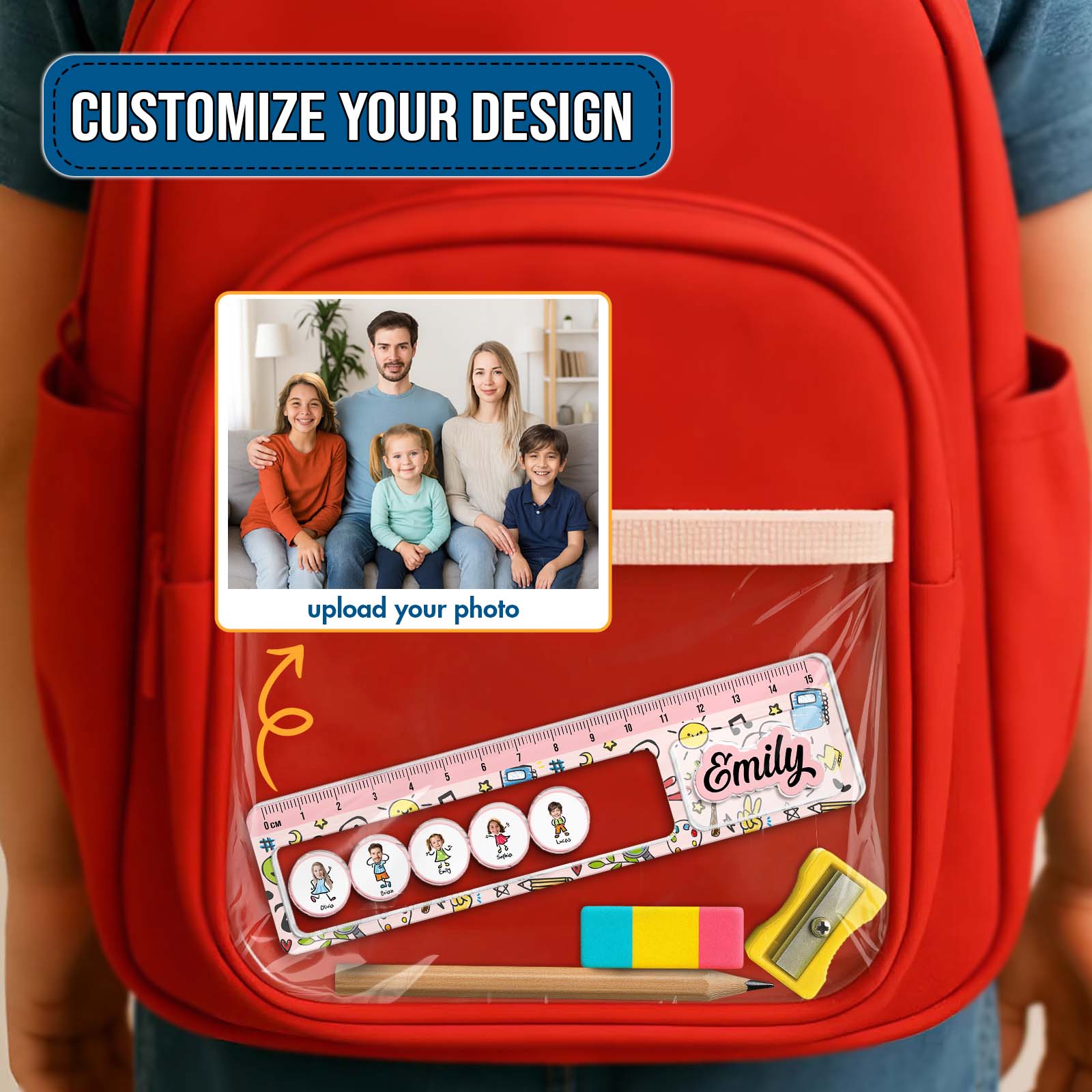 Shaking Ruler For Kids with customizable photo and name Emily displayed in clear backpack pocket