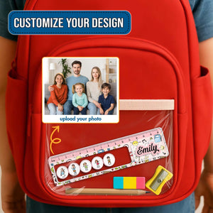 Shaking Ruler For Kids with customizable photo and name Emily displayed in clear backpack pocket