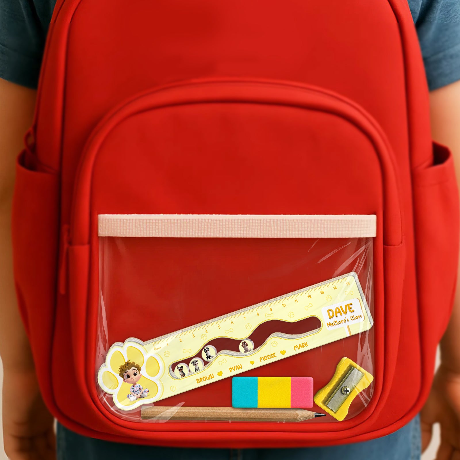 Shaking Ruler for Kids with playful design inside clear pocket of red backpack by 365Gifty