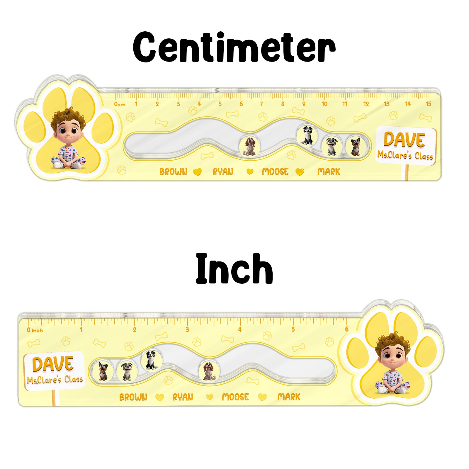 365Gifty Shaking Ruler for Kids in yellow with cartoon characters and centimeter and inch measurements