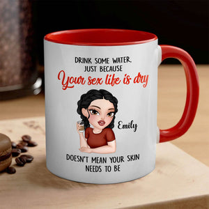 365Gifty funny sister gift mug white ceramic red handle featuring cartoon woman and cheeky hydration joke text