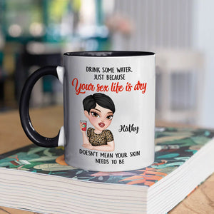 365Gifty ceramic mug with cartoon woman in leopard top and cheeky hydration quote personalized Kathy funny sister gift mug