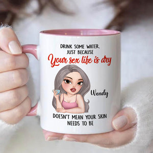 funny sister gift mug white ceramic with pink handle interior cartoon woman and cheeky hydration sex life quote