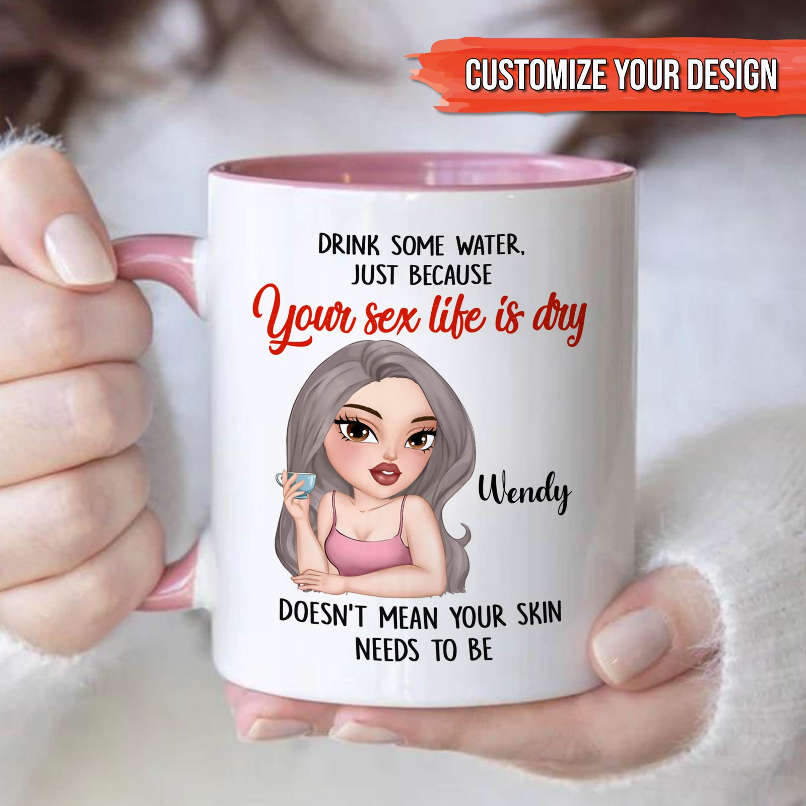 funny sister gift mug white ceramic with pink handle and interior cartoon woman name Wendy and cheeky Your sex life is dry