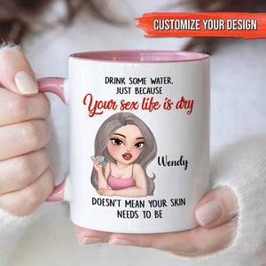 funny sister gift mug white ceramic with pink handle and interior cartoon woman name Wendy and cheeky Your sex life is dry