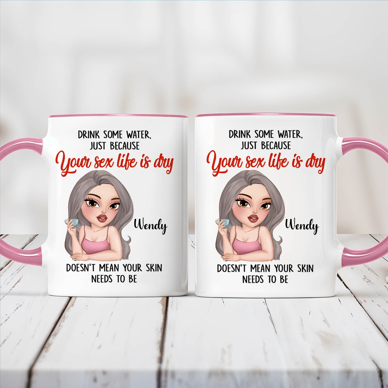 365Gifty funny sister gift mug white ceramic set with pink handles featuring cheeky cartoon woman and humorous hydration quote
