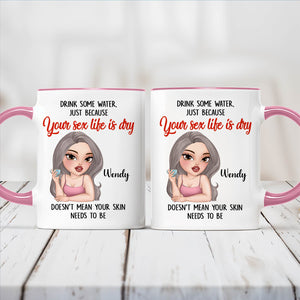 365Gifty funny sister gift mug white ceramic set with pink handles featuring cheeky cartoon woman and humorous hydration quote